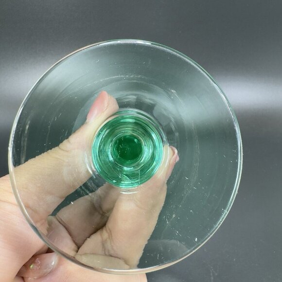 Seneca Theodule Clear Top Green Uranium Stem Optic Cut Top Goblet Cups Set 2 VTG - Picture 13 of 16